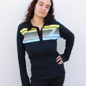 Vintage Retro 1970s 1980s Black Striped Polo Shirt / Black, Yellow, Blue